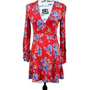 Tahari orange FLORAL dress Mini Wrap  ruched sleeve Dress size 2 boho